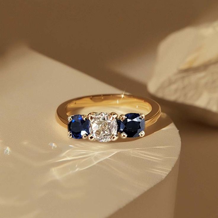 Golden Three Stone Cushion Cut White & Blue Sapphire Wedding Band For Women Belovegrace
