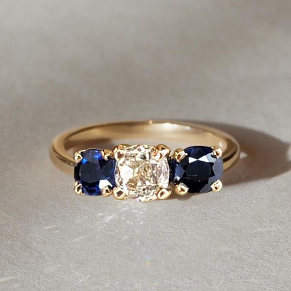 Golden Three Stone Cushion Cut White & Blue Sapphire Wedding Band For Women Belovegrace