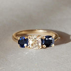 Golden Three Stone Cushion Cut White & Blue Sapphire Wedding Band For Women Belovegrace