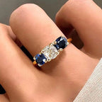 Golden Three Stone Cushion Cut White & Blue Sapphire Wedding Band For Women Belovegrace
