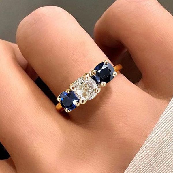 Golden Three Stone Cushion Cut White & Blue Sapphire Wedding Band For Women Belovegrace