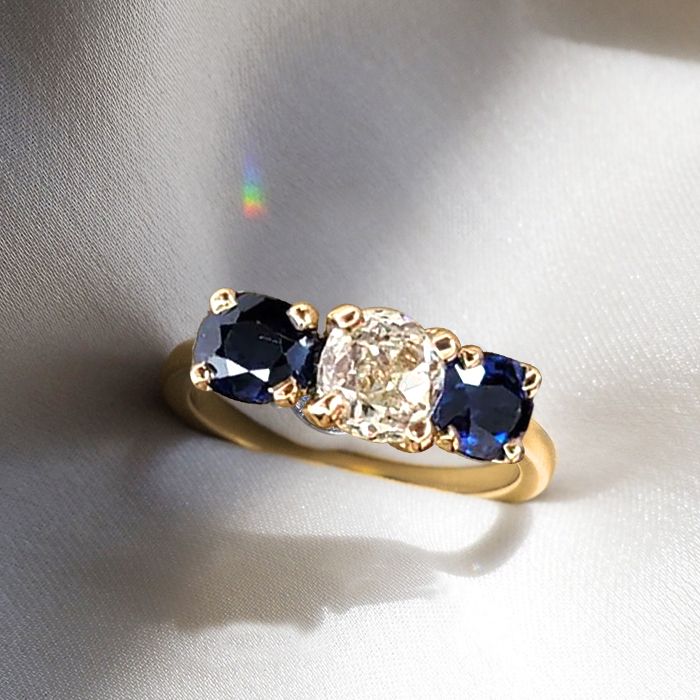 Golden Three Stone Cushion Cut White & Blue Sapphire Wedding Band For Women Belovegrace