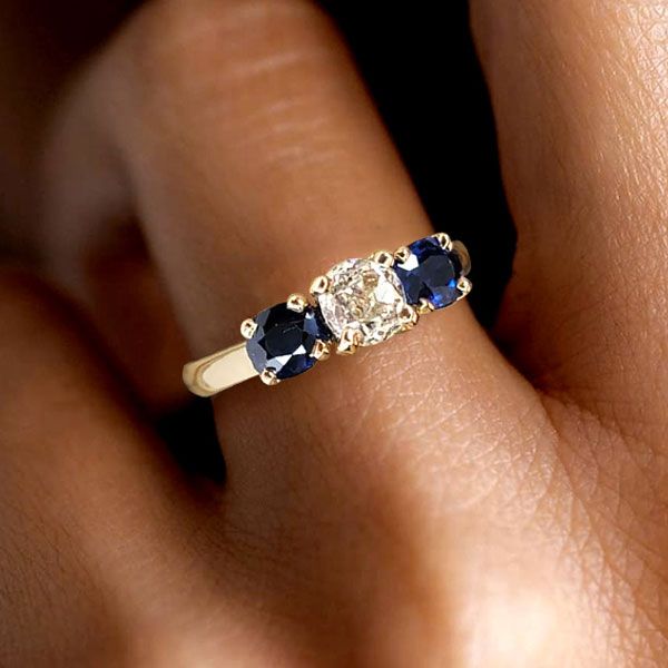 Golden Three Stone Cushion Cut White & Blue Sapphire Wedding Band For Women Belovegrace