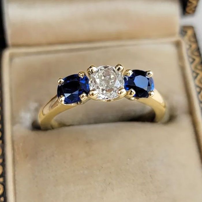 Golden Three Stone Cushion Cut White & Blue Sapphire Wedding Band For Women Belovegrace