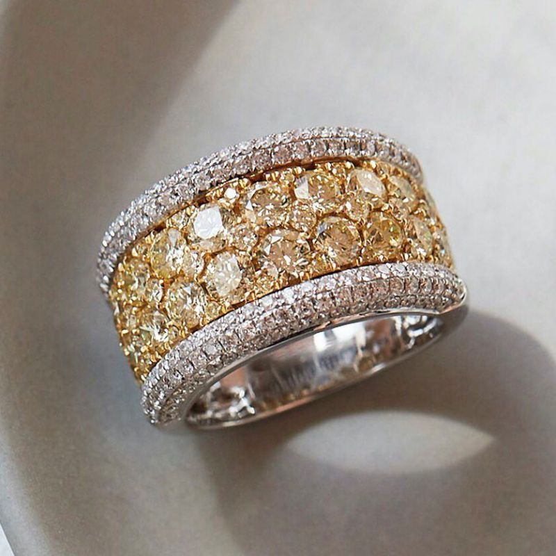 Two Tone Round Cut Yellow Sapphire Cigar Band For Women Belovegrace