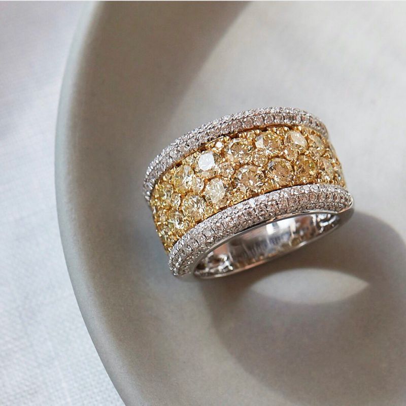 Two Tone Round Cut Yellow Sapphire Cigar Band For Women Belovegrace