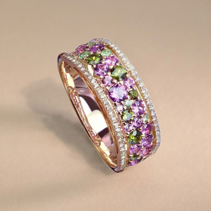 Golden Round Cut Peridot & Amethyst Sapphire Wedding Band For Women Belovegrace