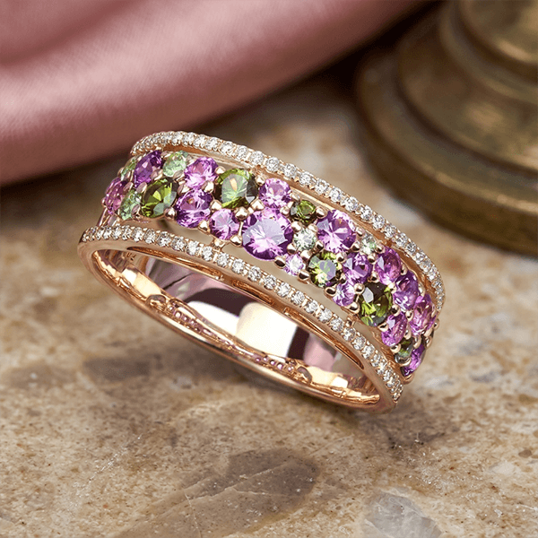 Multi Row Pavé Setting Amethyst Sapphire Round Gold Eternity Ring For Women