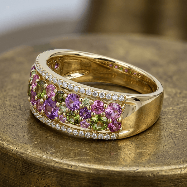 Multi Row Pavé Setting Amethyst Sapphire Round Gold Eternity Ring For Women