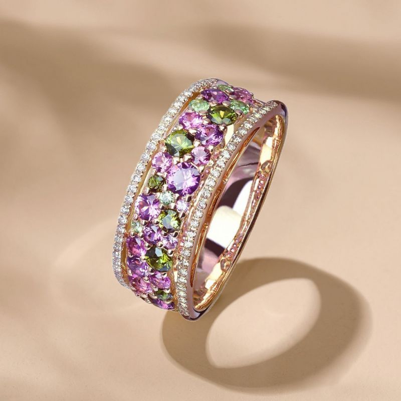 Golden Round Cut Peridot & Amethyst Sapphire Wedding Band For Women Belovegrace
