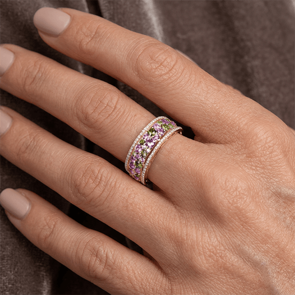 Multi Row Pavé Setting Amethyst Sapphire Round Gold Eternity Ring For Women
