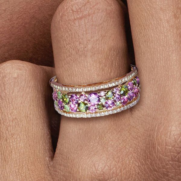 Golden Round Cut Peridot & Amethyst Sapphire Wedding Band For Women Belovegrace