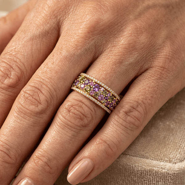 Multi Row Pavé Setting Amethyst Sapphire Round Gold Eternity Ring For Women