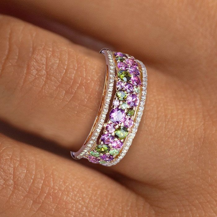 Golden Round Cut Peridot & Amethyst Sapphire Wedding Band For Women Belovegrace