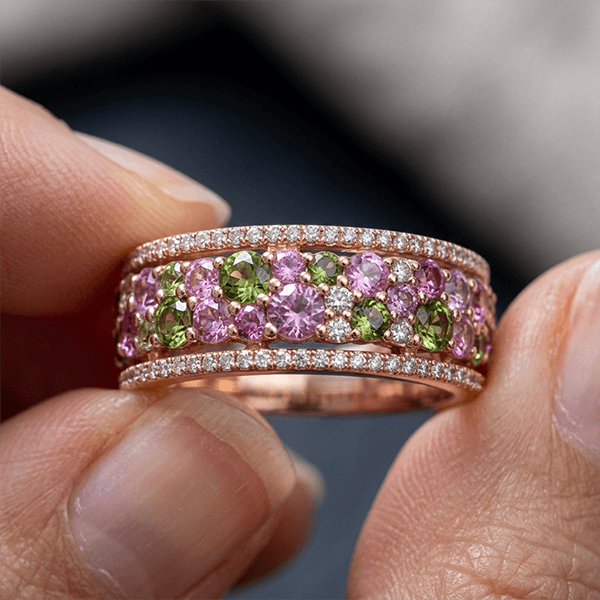 Multi Row Pavé Setting Amethyst Sapphire Round Gold Eternity Ring For Women