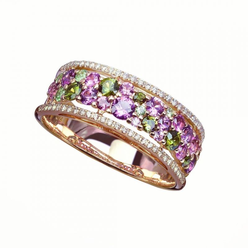 Golden Round Cut Peridot & Amethyst Sapphire Wedding Band For Women Belovegrace