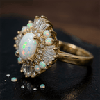 Luxury Jewelry Yellow Gold Halo Oval & Baguette Cut Opal & White Sapphire Engagement Ring