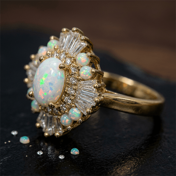 Art Deco Golden Halo Oval Cut Opal & White Sapphire Engagement Ring