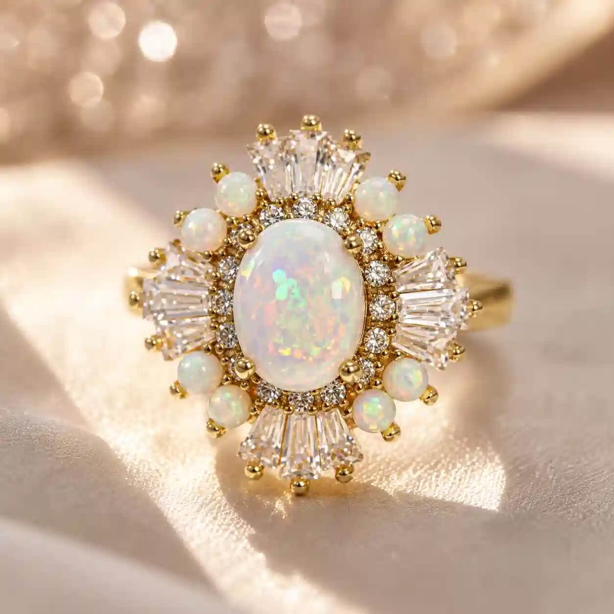 Luxury Jewelry Yellow Gold Halo Oval & Baguette Cut Opal & White Sapphire Engagement Ring