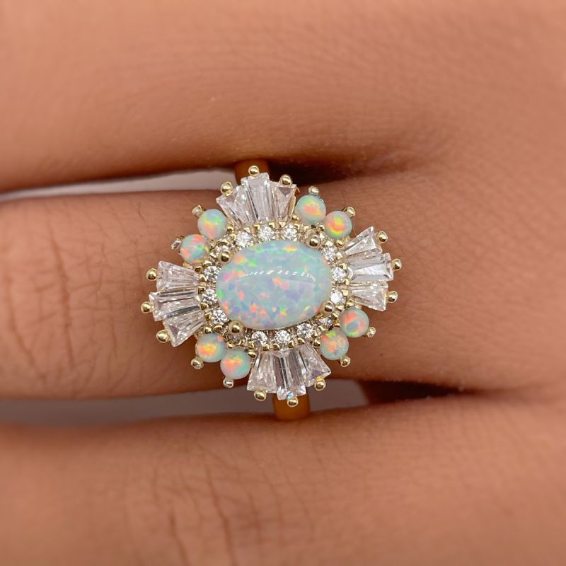 Art Deco Golden Oval Cut Opal Engagement Ring For Women Belovegrace