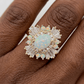 Luxury Jewelry Yellow Gold Halo Oval & Baguette Cut Opal & White Sapphire Engagement Ring