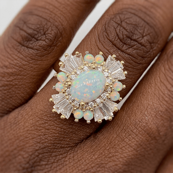 Art Deco Golden Halo Oval Cut Opal & White Sapphire Engagement Ring