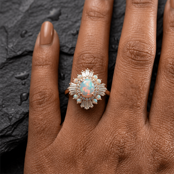 Luxury Jewelry Yellow Gold Halo Oval & Baguette Cut Opal & White Sapphire Engagement Ring