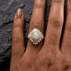 Luxury Jewelry Yellow Gold Halo Oval & Baguette Cut Opal & White Sapphire Engagement Ring
