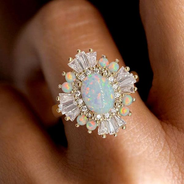 Art Deco Golden Oval Cut Opal Engagement Ring For Women Belovegrace