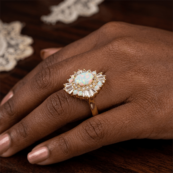 Luxury Jewelry Yellow Gold Halo Oval & Baguette Cut Opal & White Sapphire Engagement Ring