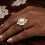 Luxury Jewelry Yellow Gold Halo Oval & Baguette Cut Opal & White Sapphire Engagement Ring