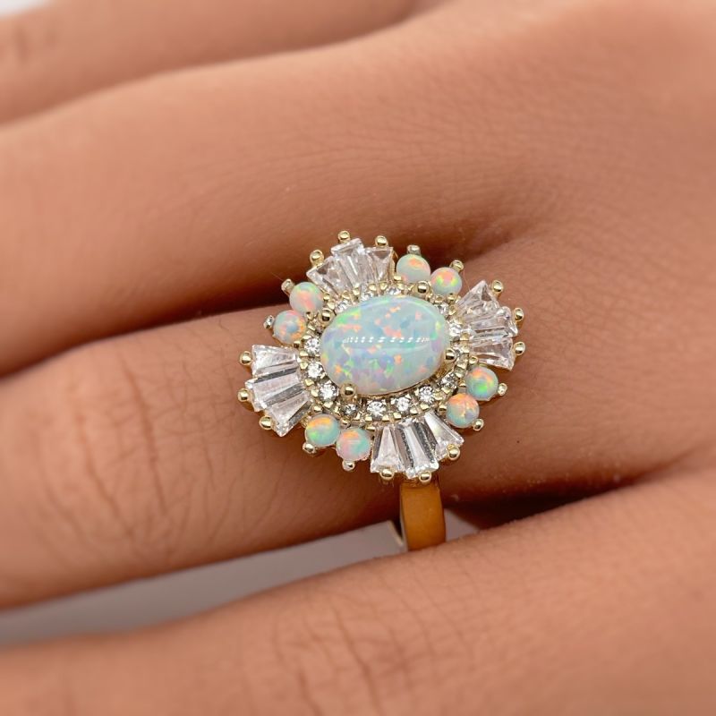 Art Deco Golden Oval Cut Opal Engagement Ring For Women Belovegrace