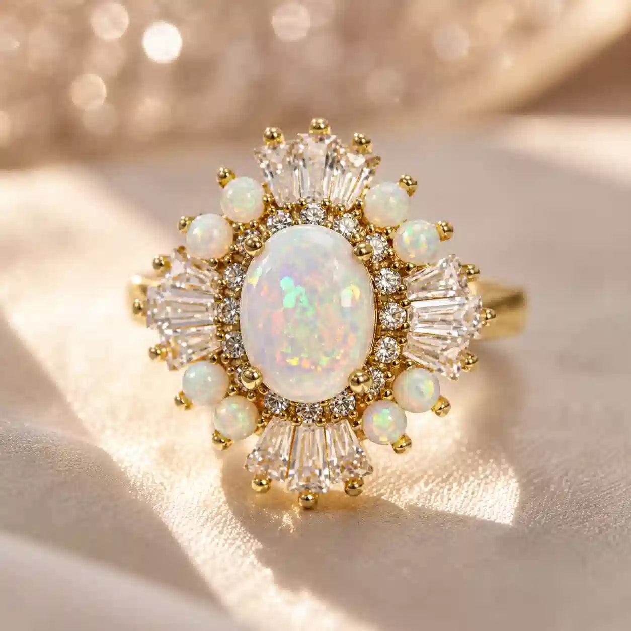 Art Deco Golden Halo Oval Cut Opal & White Sapphire Engagement Ring