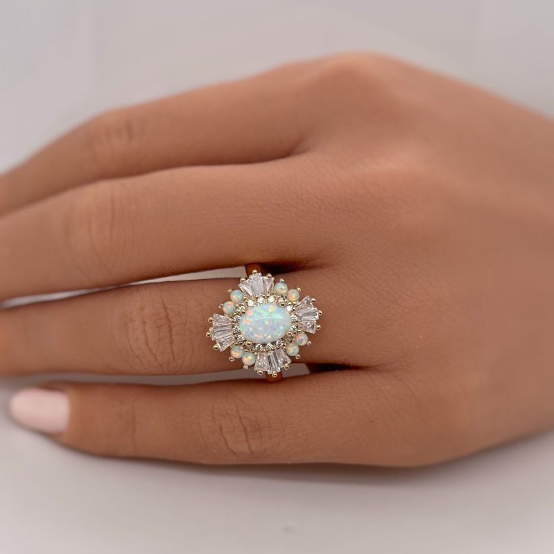 Art Deco Golden Oval Cut Opal Engagement Ring For Women Belovegrace
