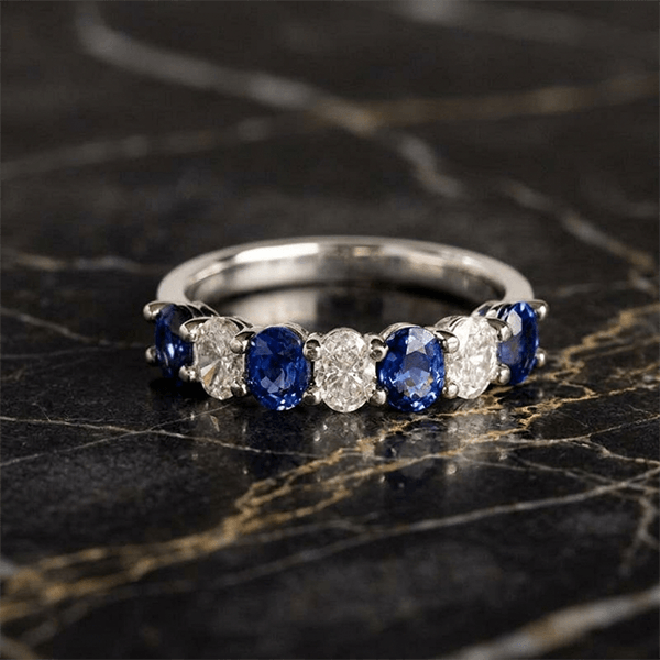Alternating Blue Sapphire Oval Cut Half Eternity Wedding Ring