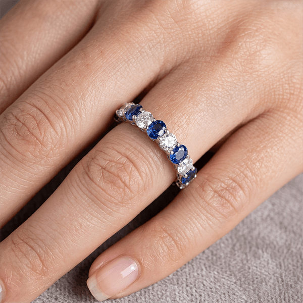 Alternating Blue Sapphire Oval Cut Half Eternity Wedding Ring