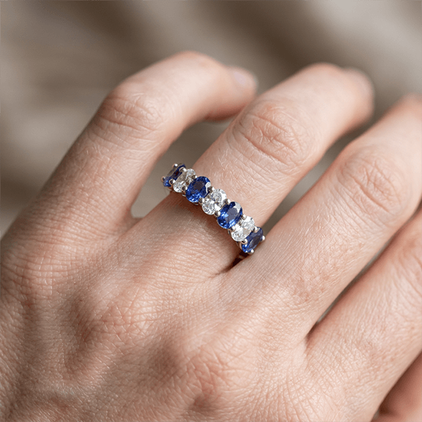 Alternating Blue Sapphire Oval Cut Half Eternity Wedding Ring