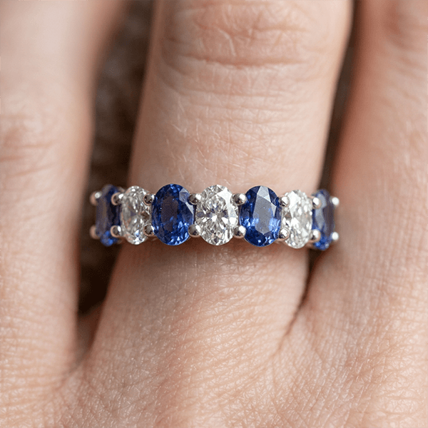 Alternating Blue Sapphire Oval Cut Half Eternity Wedding Ring
