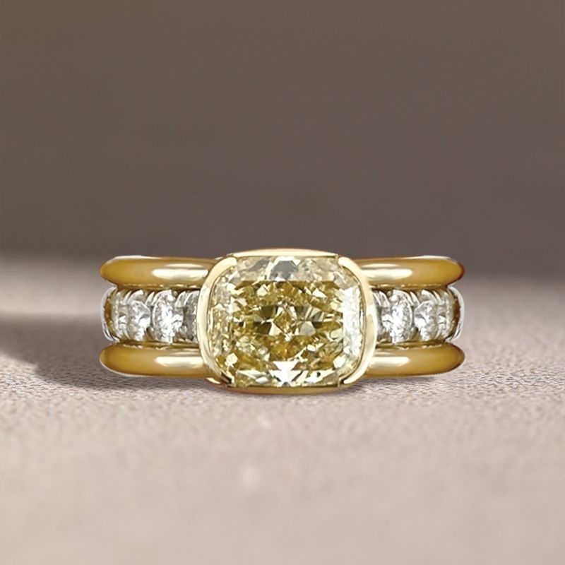 Two Tone Bezel Cushion Cut Yellow Sapphire Engagement Ring For Women Belovegrace