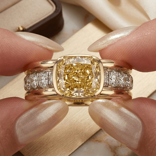 Elegant Bezel Cushion Cut Canary Sapphire Engagement Ring In Yellow Gold