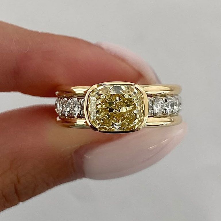 Two Tone Bezel Cushion Cut Yellow Sapphire Engagement Ring For Women Belovegrace