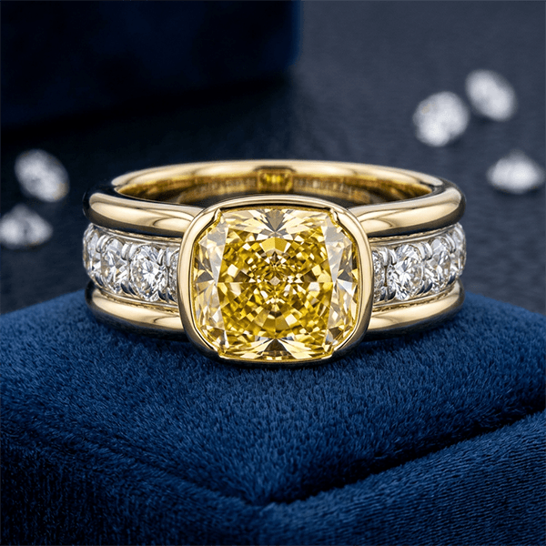 Elegant Bezel Cushion Cut Canary Sapphire Engagement Ring In Yellow Gold