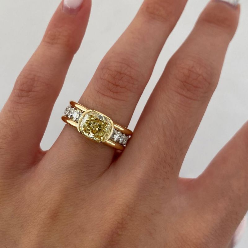 Two Tone Bezel Cushion Cut Yellow Sapphire Engagement Ring For Women Belovegrace