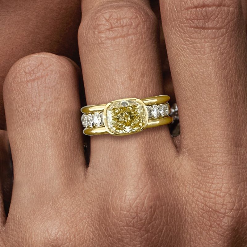 Two Tone Bezel Cushion Cut Yellow Sapphire Engagement Ring For Women Belovegrace