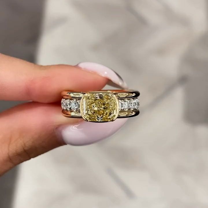 Two Tone Bezel Cushion Cut Yellow Sapphire Engagement Ring For Women Belovegrace