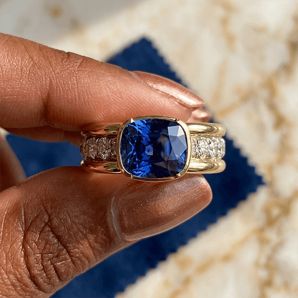 Yellow Gold Half Bezel Cushion Cut Blue Sapphire Cocktail Ring For Women