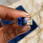 Yellow Gold Half Bezel Cushion Cut Blue Sapphire Cocktail Ring For Women