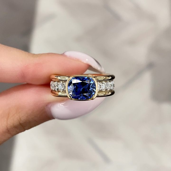Two Tone Bezel Cushion Cut Blue Sapphire Engagement Ring For Women Belovegrace