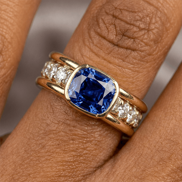 Yellow Gold Half Bezel Cushion Cut Blue Sapphire Cocktail Ring For Women