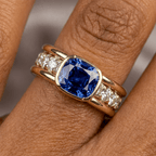 Yellow Gold Half Bezel Cushion Cut Blue Sapphire Cocktail Ring For Women